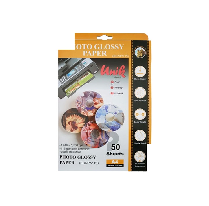 کاغذ فتوگلاسه چسب‌دار یونیک (Unik) 115 گرم A4